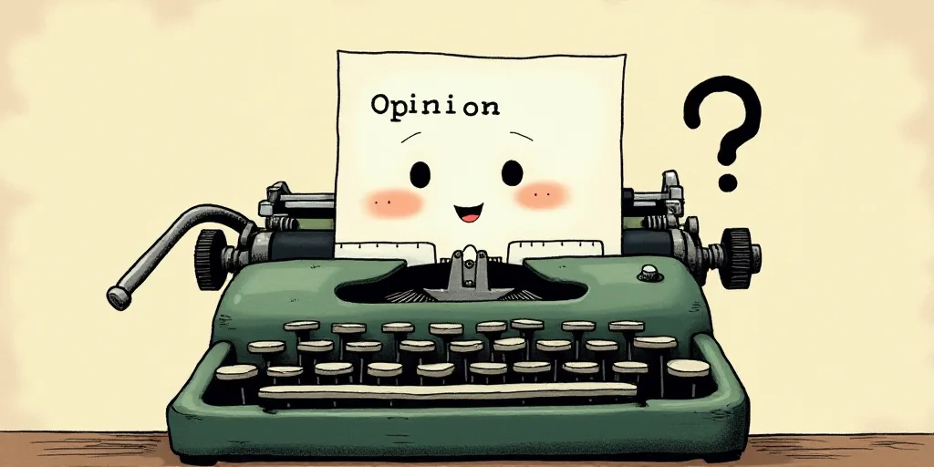 a typewriter with a face drawn on it and a caption for the words opinion and a question, Edward Otho