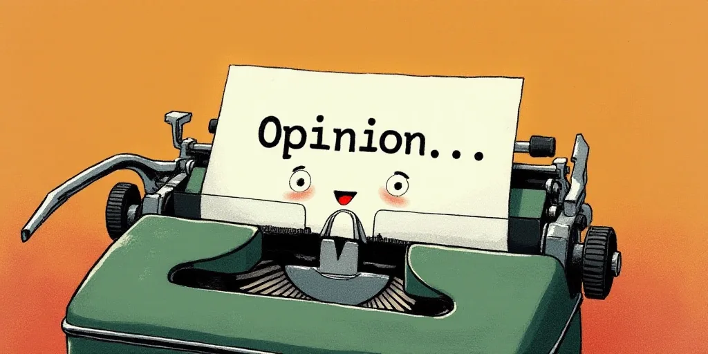 a typewriter with a face drawn on it and a caption for the words opinion and a question, Edward Otho