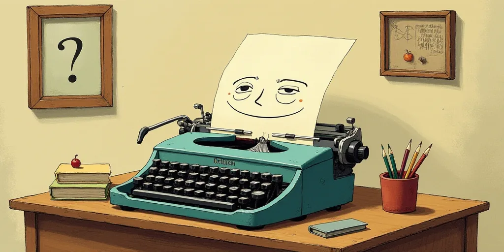 a typewriter with a face drawn on it and a caption for the words opinion and a question, Edward Otho