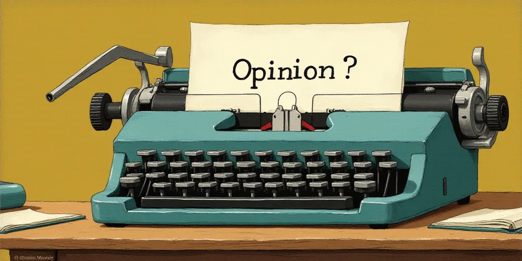 a typewriter with a face drawn on it and a caption for the words opinion and a question, Edward Otho