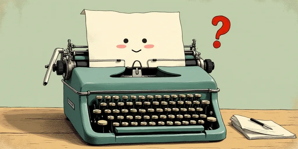 a typewriter with a face drawn on it and a caption for the words opinion and a question, Edward Otho