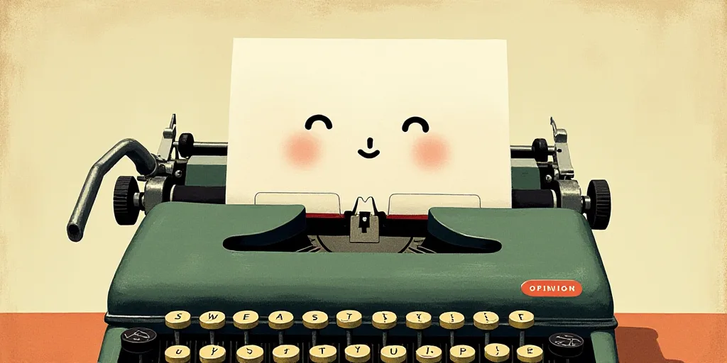 a typewriter with a face drawn on it and a caption for the words opinion and a question, Edward Otho
