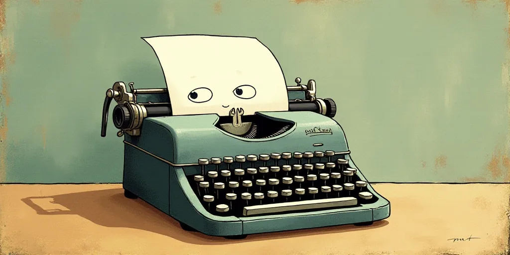 a typewriter with a face drawn on it and a caption for the words opinion and a question, Edward Otho