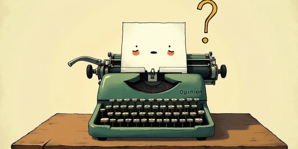a typewriter with a face drawn on it and a caption for the words opinion and a question, Edward Otho