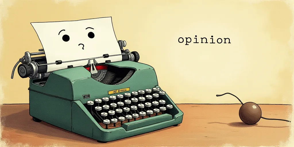 a typewriter with a face drawn on it and a caption for the words opinion and a question, Edward Otho