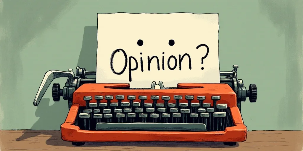 a typewriter with a face drawn on it and a caption for the words opinion and a question, Edward Otho