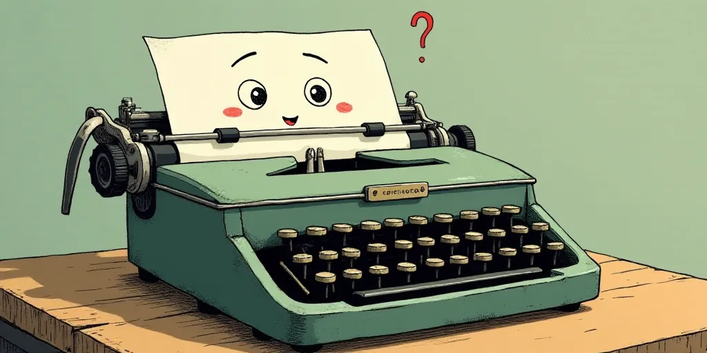a typewriter with a face drawn on it and a caption for the words opinion and a question, Edward Otho