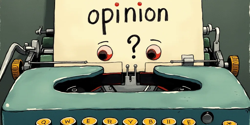 a typewriter with a face drawn on it and a caption for the words opinion and a question, Edward Otho