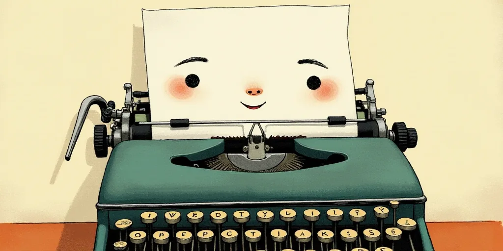 a typewriter with a face drawn on it and a caption for the words opinion and a question, Edward Otho
