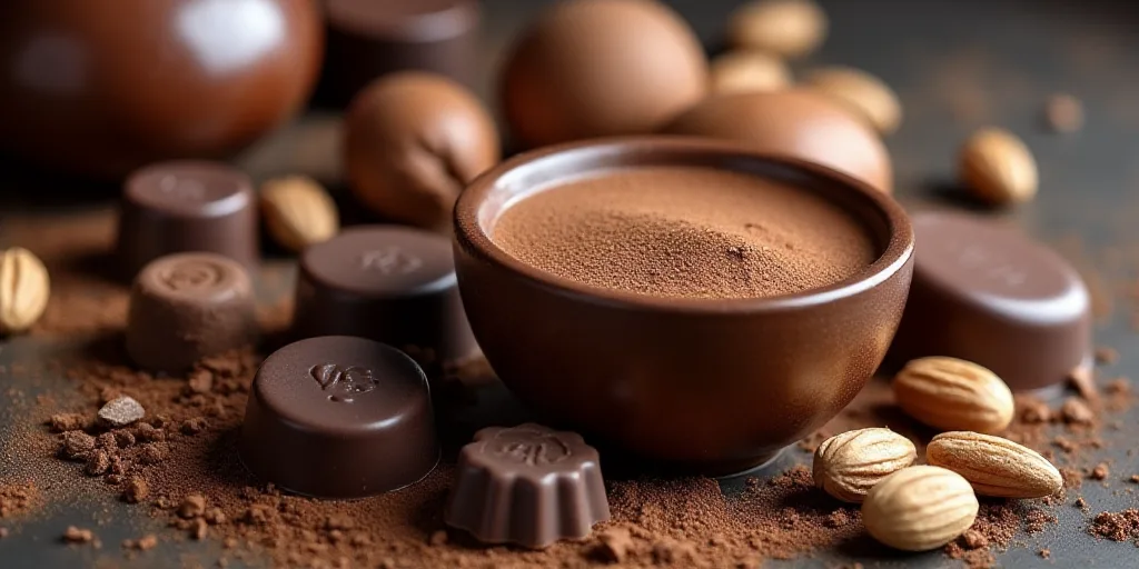 a variety of chocolates, nuts, and other ingredients are arranged on a table top, including a bowl o