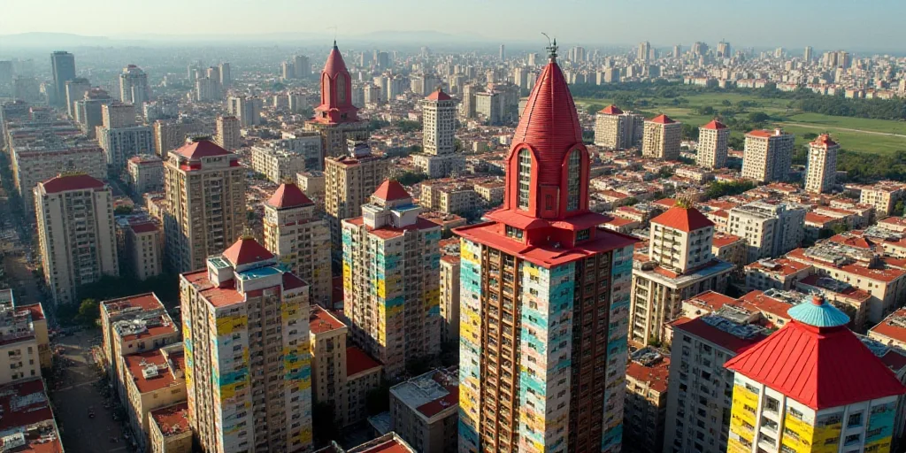 a very large group of buildings in a city with many colors on them and a red roof on top, Edi Rama,