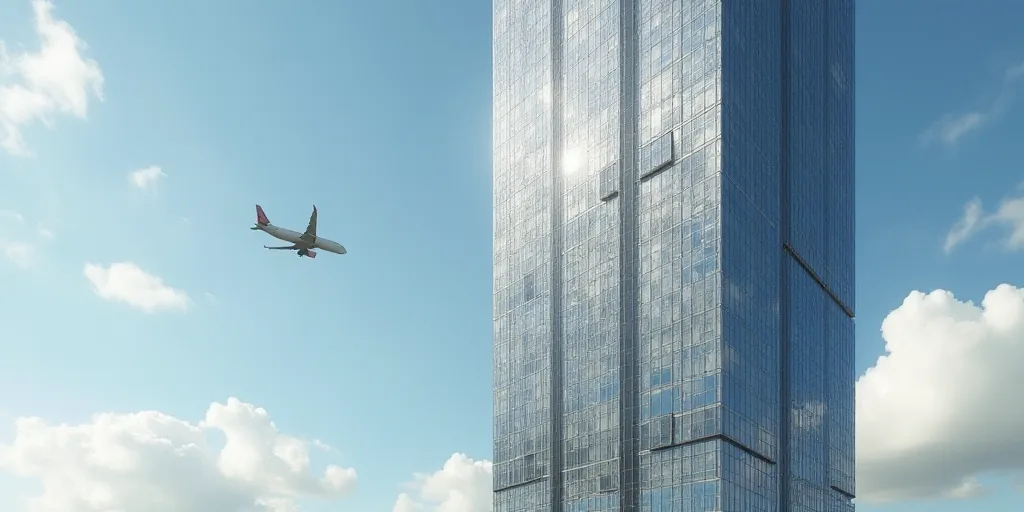 a very tall building with a very large sign on it's side and a plane flying by it, Caspar Wolf, shar