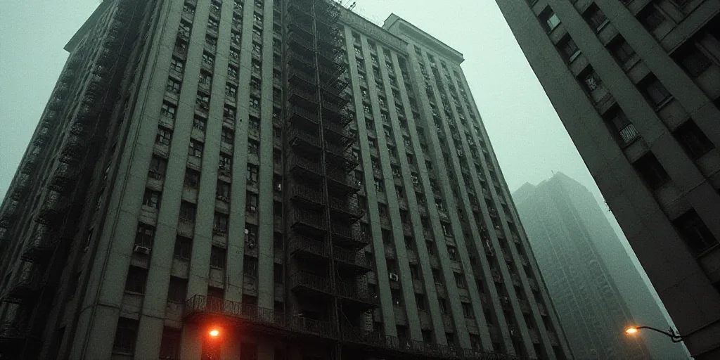 a very tall building with lots of windows and balconies on it's sides and a fire escape in the middl