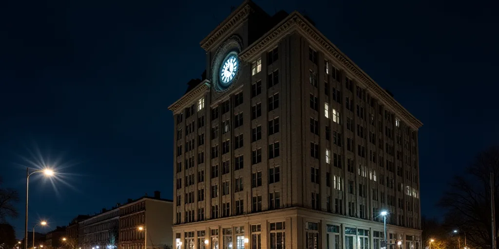 a very tall building with lots of windows and a clock on the side of it's face at night, Enguerrand