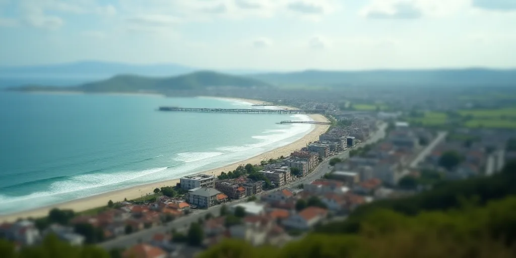 a view of a beach and a city from a high viewpoint of the ocean and a pier in the distance, Bascove,