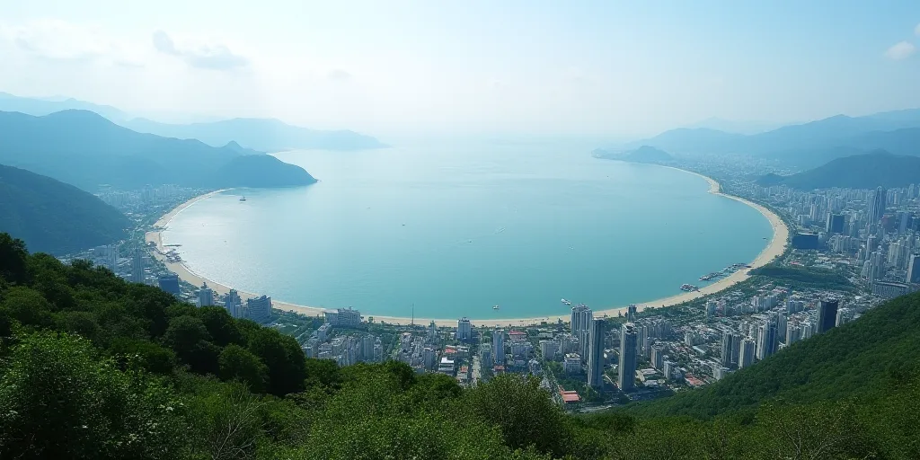 a view of a city and a body of water from a high viewpoint of a hill and a beach, Cui Bai, zenith vi