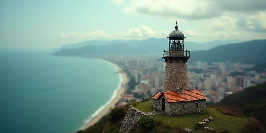 a view of a city and a body of water from a bird's eye view of a lighthouse, Estuardo Maldonado, ton