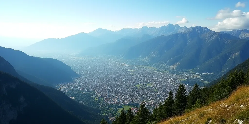 a view of a city from a high point of view of a mountain range with a city below it, Altichiero, mou
