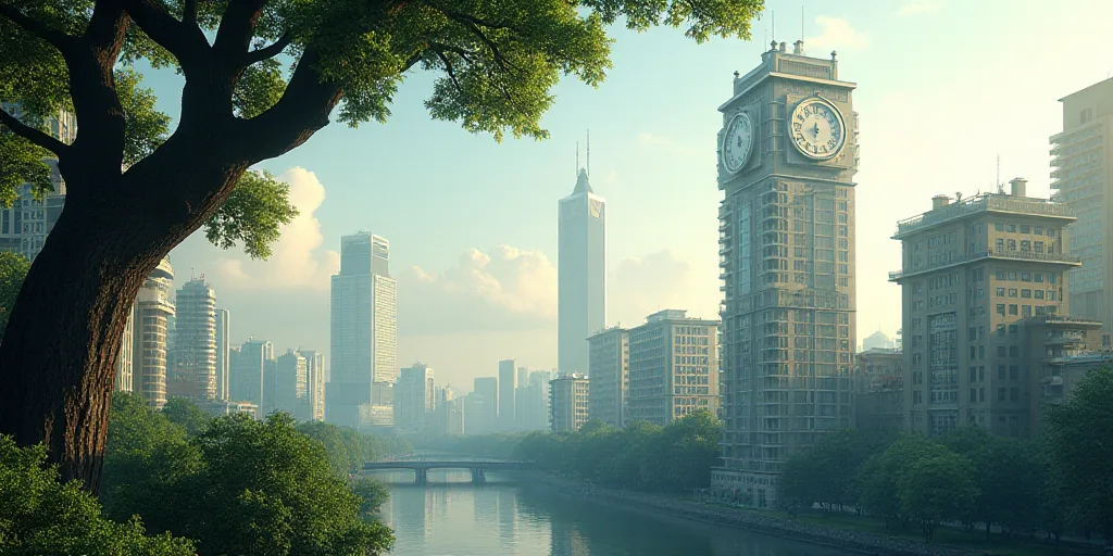 a view of a city with tall buildings and a clock tower in the foreground, and a tree in the foregrou