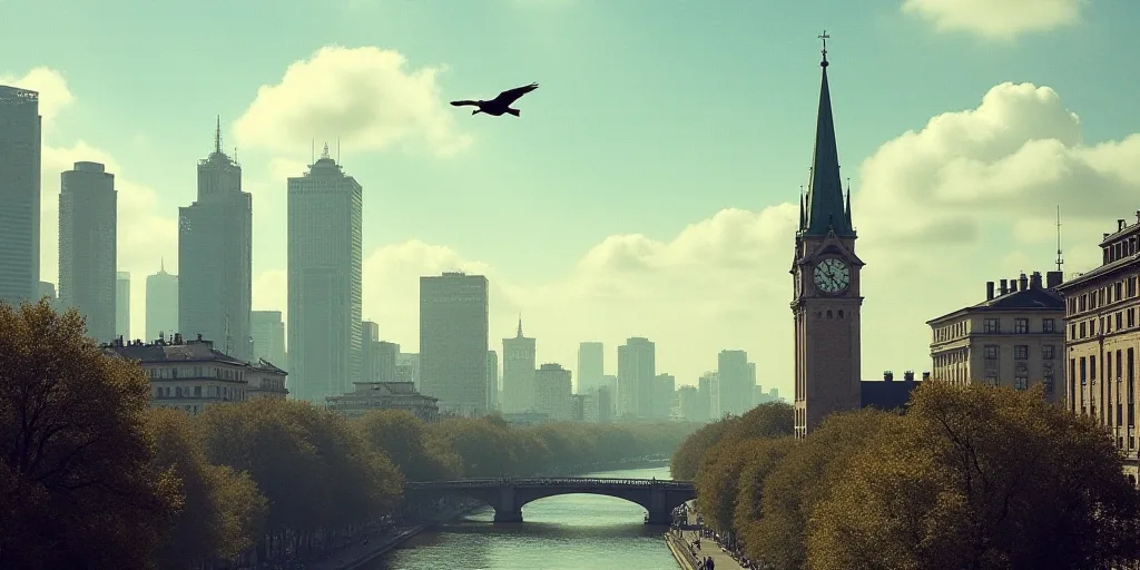 a view of a city with tall buildings and a clock tower in the foreground, and a bird flying overhead