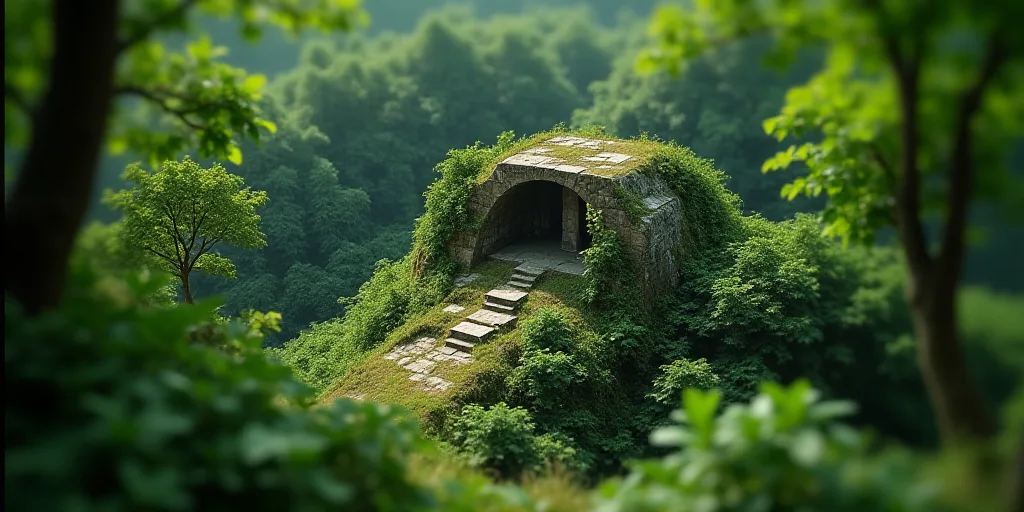 a view of a forest from a high viewpoint of a stone structure in the middle of the jungle with trees