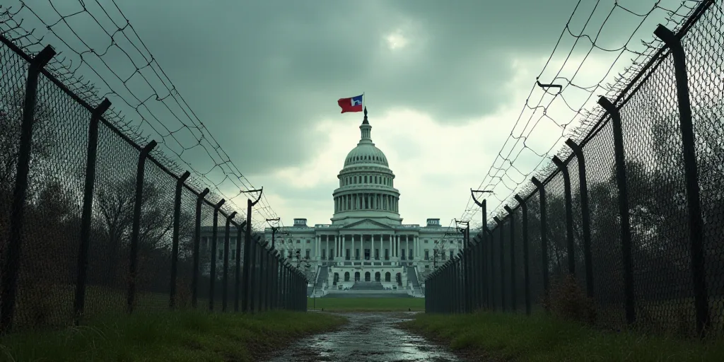 a view of the capitol building through a fenced in area with a flag on top of it and a cloudy sky, D