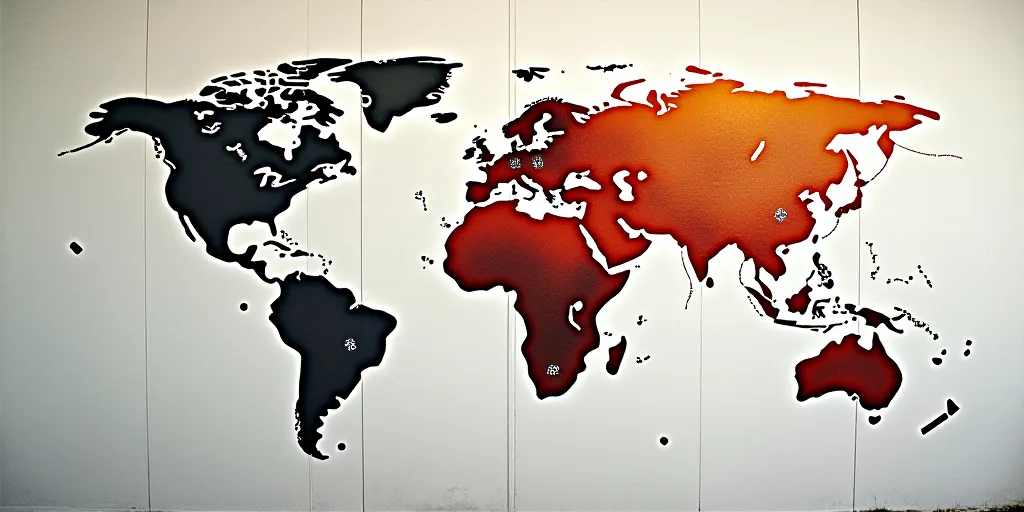 a wall with a bunch of different colored lines on it and a world map on it with numbers and arrows,