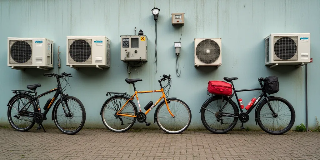 a wall with several bikes and a couple of air conditioners on it's sides and a red backpack on the o