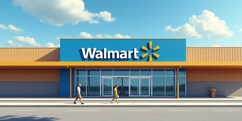 a walmart sign is shown on a building with a man walking past it and a person walking past it, Doug