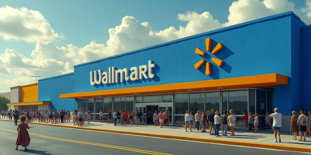 a walmart store with people walking around it and a sign that says walmart on the wall above the ent