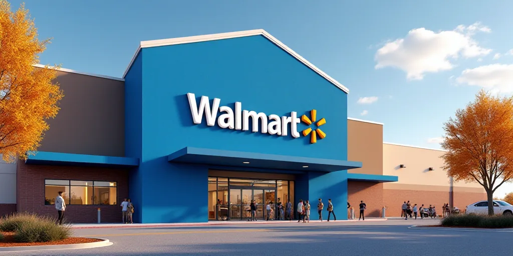 a walmart store with people walking around it and a sign that says walmart on the wall above the ent