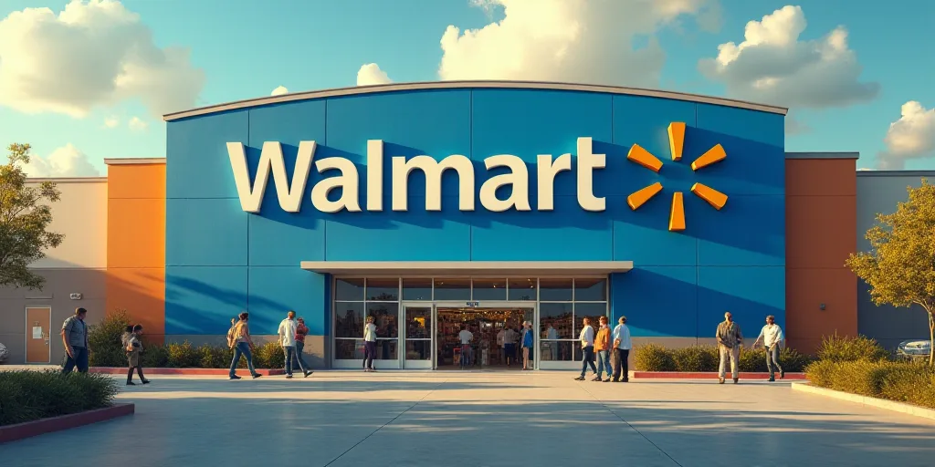 a walmart store with people walking around it and a sign that says walmart on the wall above the ent