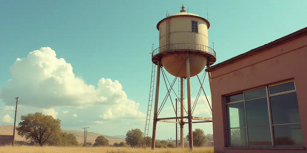 a water tower next to a building with a clock on it's side and a window on the other side, Elbridge