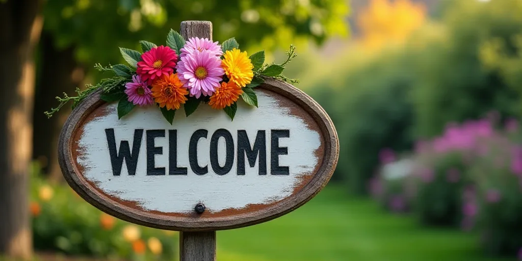 a welcome sign with a colorful flower on top of it in front of trees and bushes in the background, A