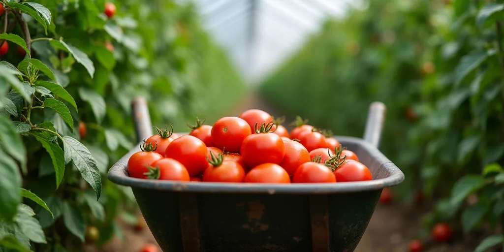 a wheelbarrow full of tomatoes in a greenhouse with green leaves and tomatoes growing on the vine to