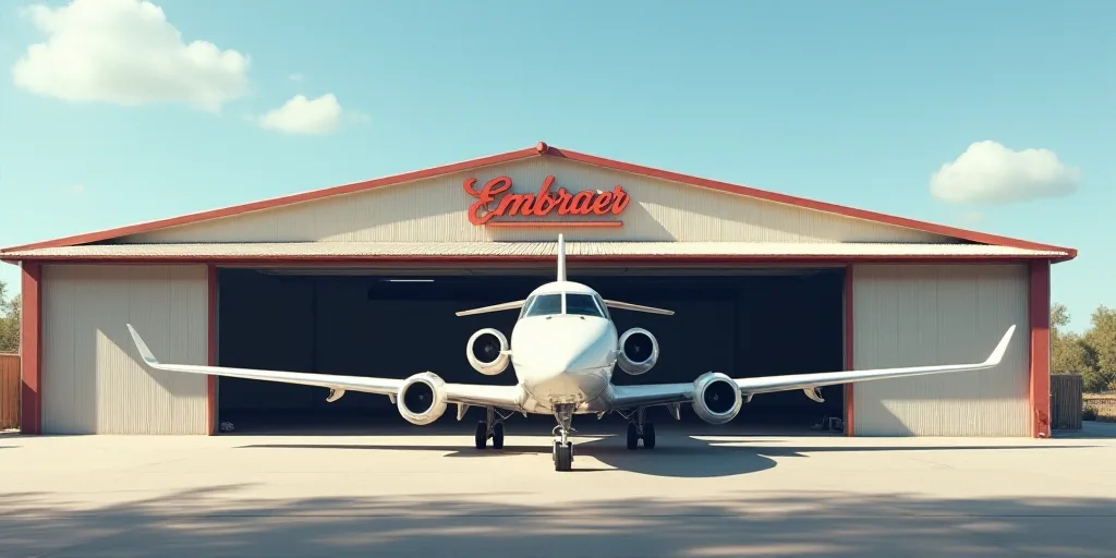a white airplane parked in front of a hangar with a sign that says embraer on it's side, Elbridge Ay