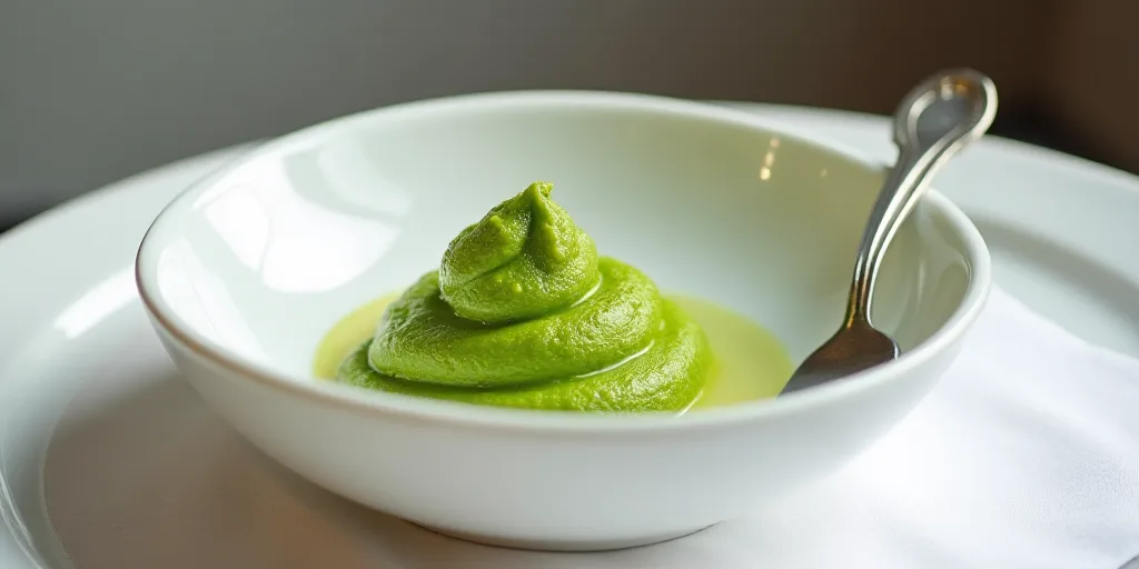 a white bowl with a green substance in it and a fork next to it on a table with a white table cloth,