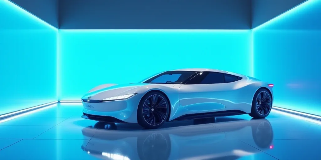 a white car is on display in a showroom with a blue background and a blue wall behind it, Ai-Mitsu,