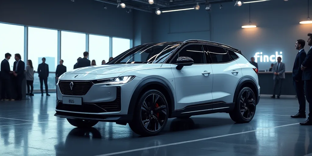 a white suv parked in a showroom with people standing around it at night time and a stage with light