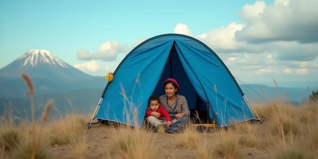 a woman and child sitting in front of a blue tent on a hill with a mountain in the background, Estua