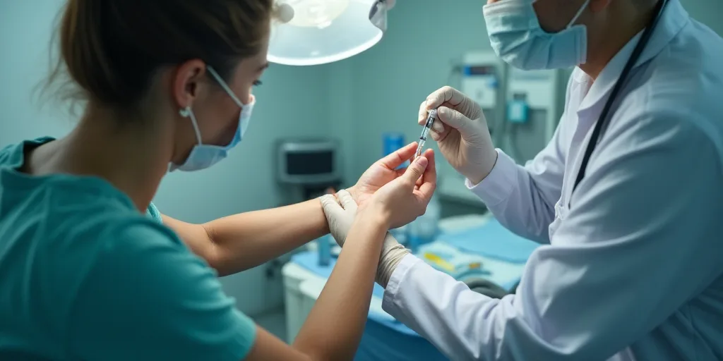 a woman getting a vaccium from a doctor in a hospital room with a needle in her arm, Évariste Vital