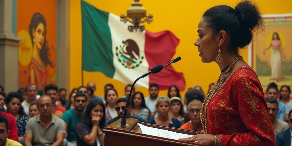 a woman giving a speech in front of flags and a painting of a woman in mexico on the wall, David Alf