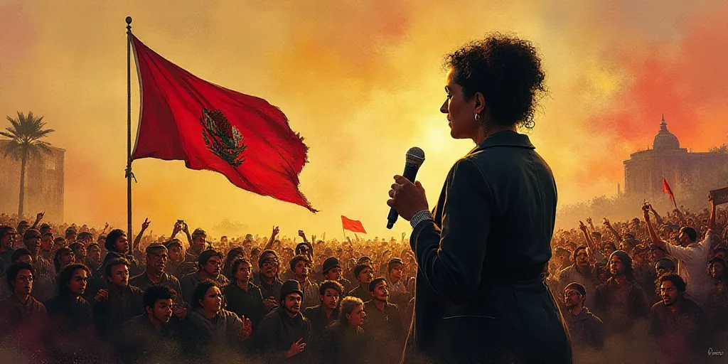 a woman giving a speech to a crowd of people in front of a flag and a flag banner behind her, David