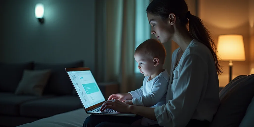 a woman holding a baby while looking at a laptop computer screen with a baby on her lap, while holdi