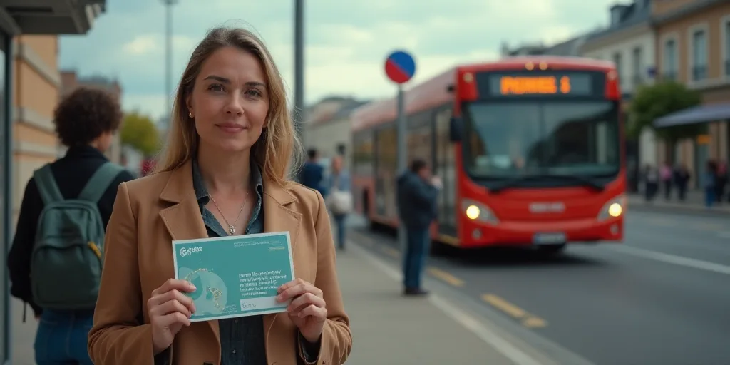 a woman holding a card in front of a bus stop with a bus in the background and people standing aroun