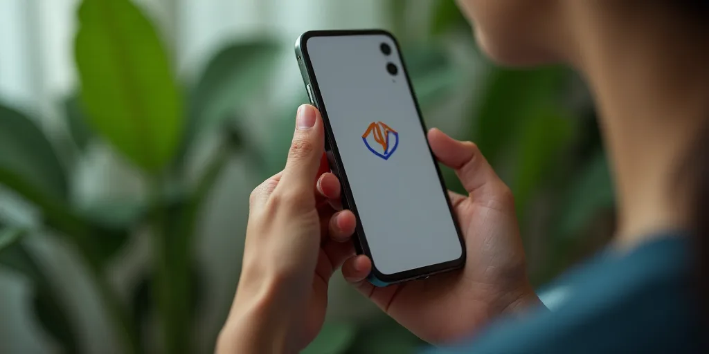 a woman holding a cell phone with a logo on it in her hand and a plant in the background, Aquirax Un