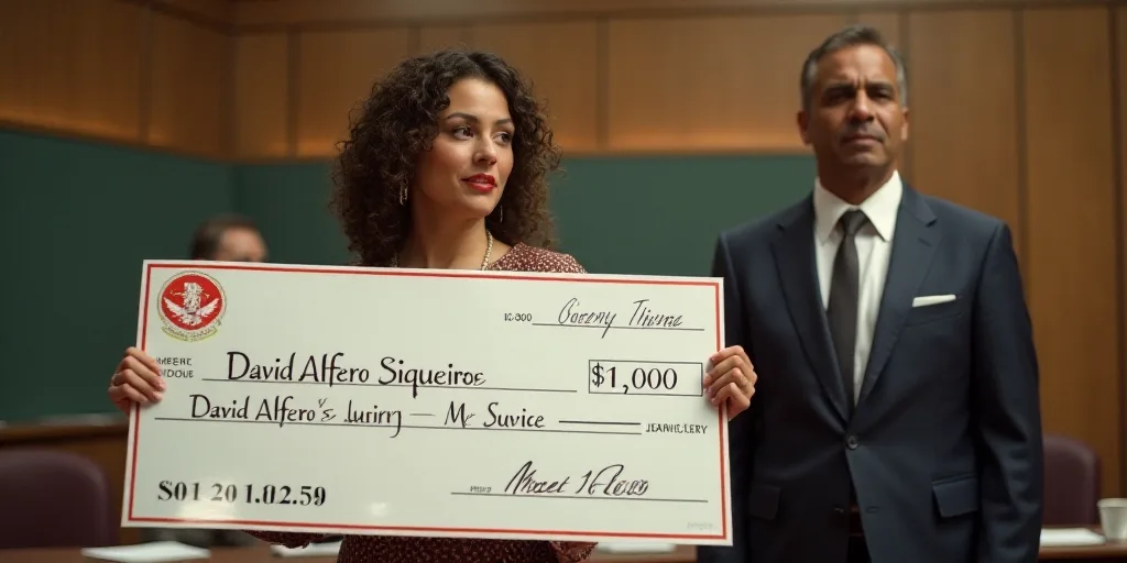 a woman holding a large check for $ 1, 000 in front of a woman in a suit and tie, David Alfaro Sique