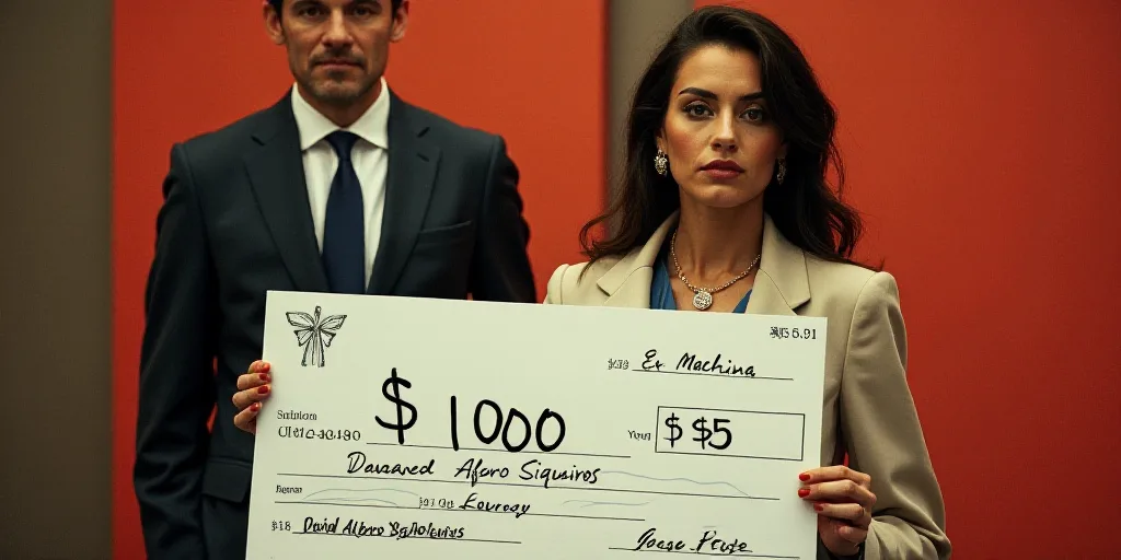 a woman holding a large check for $ 1, 000 in front of a woman in a suit and tie, David Alfaro Sique