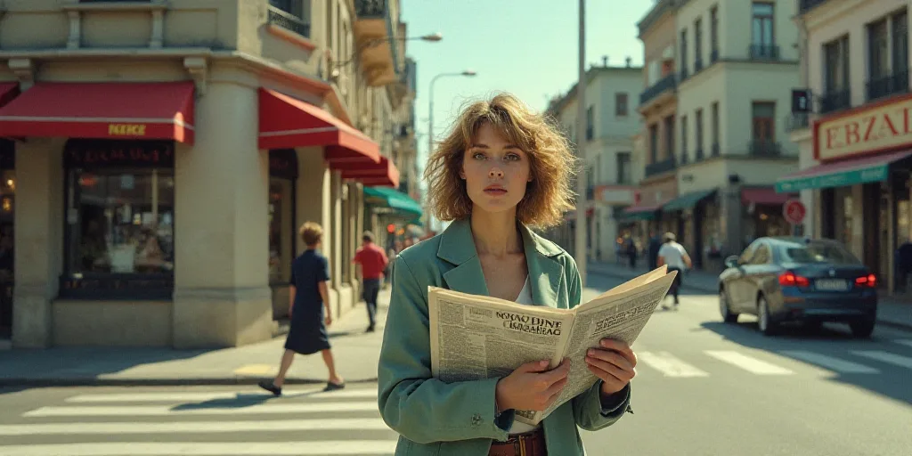 a woman holding a newspaper in her hands on a street corner with people walking by and a building in