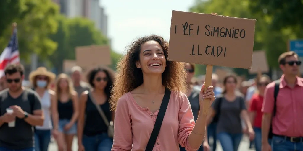 a woman holding a sign in a parade with other people holding signs in the street behind her and a si